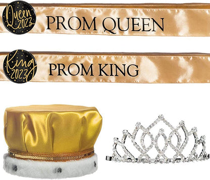Prom Royalty Set - Rhinestone Tiara, Crown, Sashes, Buttons Apparel & Accessories > Clothing Accessories > Sashes Anderson's Armande Tiara/Gold Crown/Gold Sashes/Black Buttons  