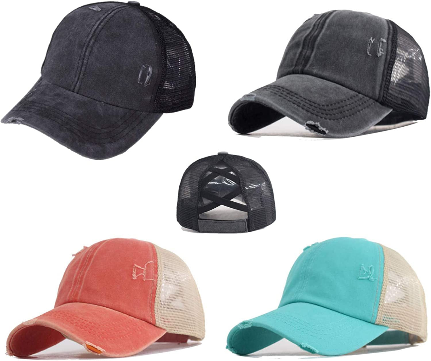 Criss Cross Ponytail Hat Washed Distressed Women Mesh Baseball Caps Messy Bun Ponycaps Apparel & Accessories > Clothing Accessories > Hats Didida A(black&grey&cyan&coral)  