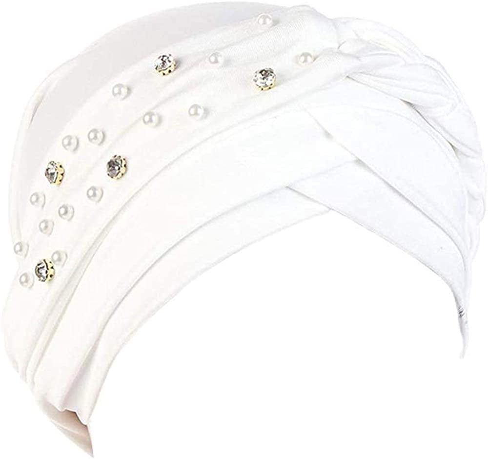 Women Girls Turban Hat, Rhinestone Pearl Braid Turban Head Wrap Baggy Slouchy Beanie Chemo Cap Headwear Hair Wrap Apparel & Accessories > Clothing Accessories > Headwear canjoyn White  