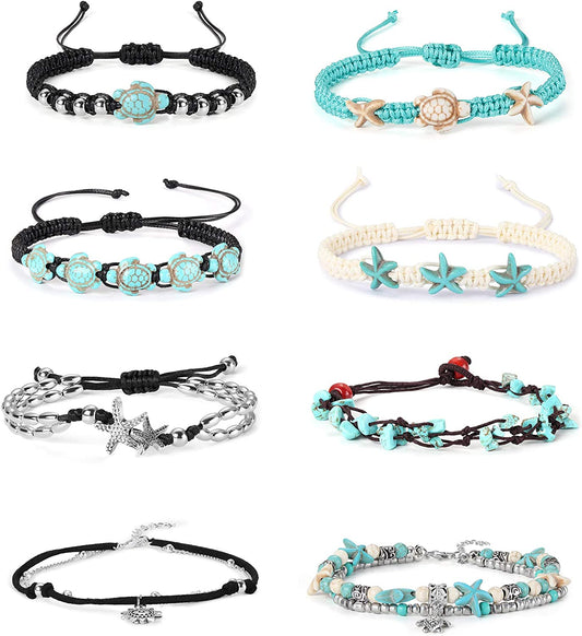 Finrezio 8-12PCS Anklets for Women Girls Adjustable Boho Turtle Starfish Beach Ankle Bracelets Foot Jewelry Set Handmade Apparel & Accessories > Jewelry > Anklets FINREZIO B: 8PCS Boho Anklets  