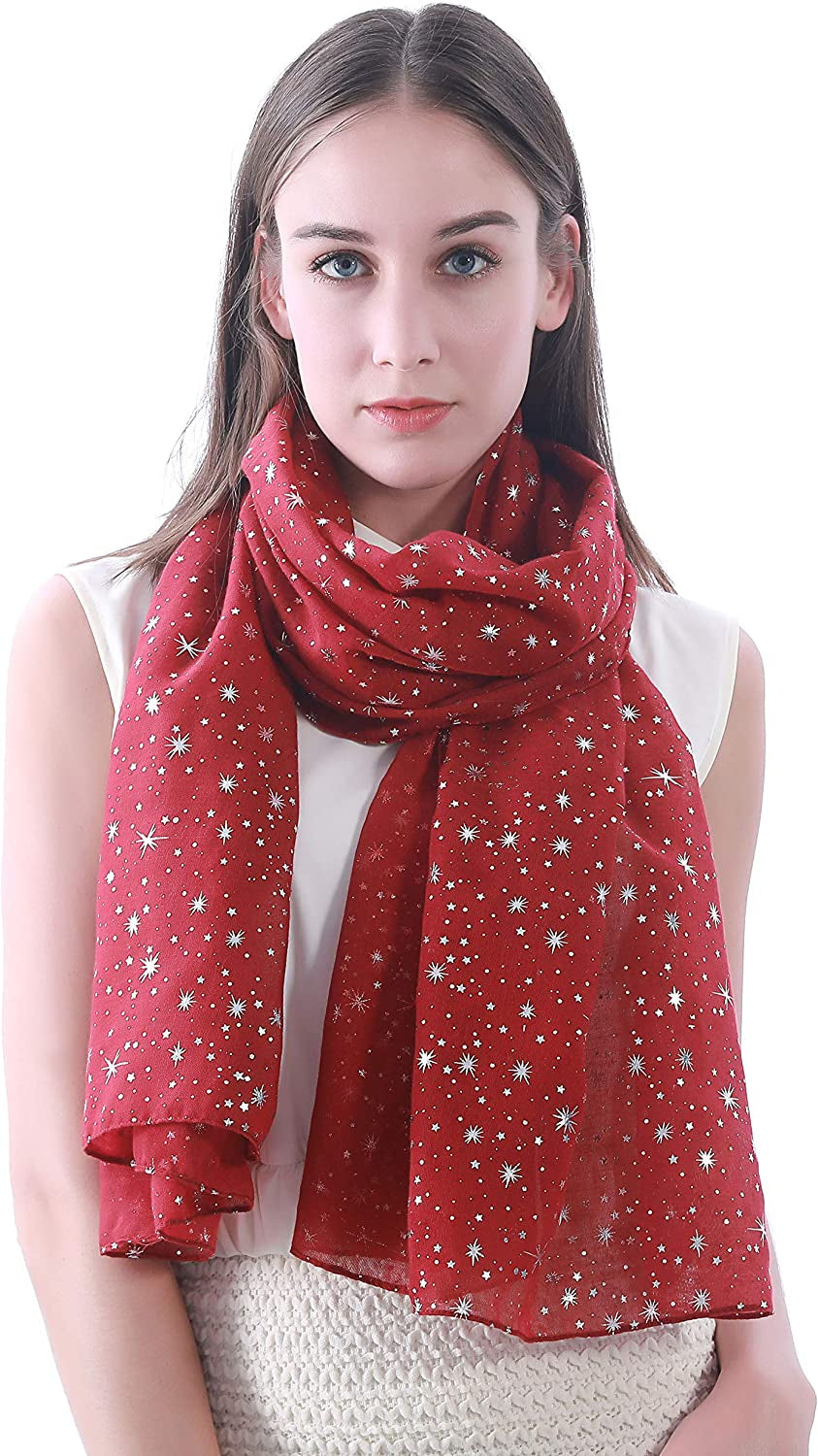 Lina & Lily Silver Gold Glitters Shimmer Foil Stars Women Scarf Shawl Wrap Apparel & Accessories > Clothing Accessories > Scarves & Shawls Lina & Lily Dark Red (Silver Stars)  