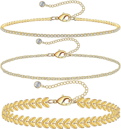 Gold Ankle Bracelets for Women 14K Gold Plated Anklet Silver Tennis Rose Quartz Cross Bead Herringbone Snake Paperclip Chain Cubic Zirconia Dainty Layered Anklet Set 3Pcs Apparel & Accessories > Jewelry > Anklets WeSparking V-Yellow Gold-Leaf  