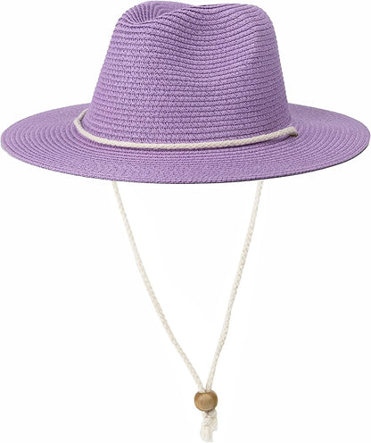 Koreshion Women Straw Panama Hat Summer Wide Brim Fedora Cap Beach Sun Hats UPF50+ Apparel & Accessories > Clothing Accessories > Hats Koreshion Purple  