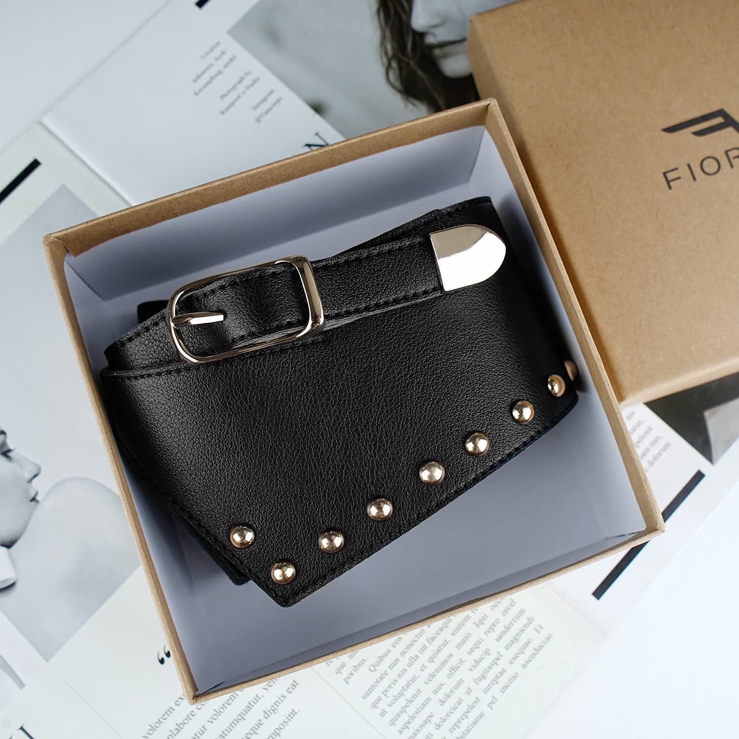 FIORETTO Womens Dress Belt Wide Black Fashion Studded Belts S Size Fit Waist Girth from 25" to 29" Apparel & Accessories > Clothing Accessories > Belts FIORETTO   