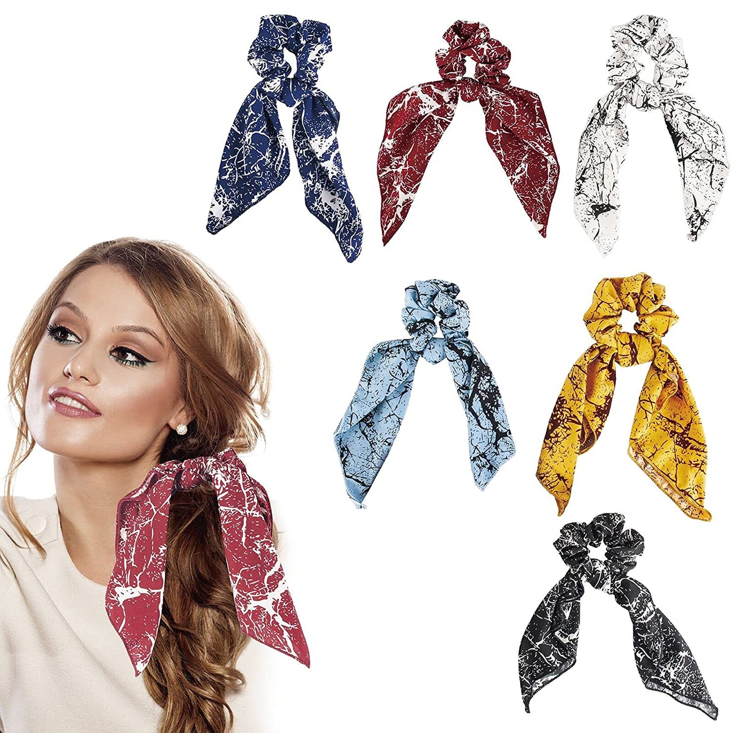 Cutewing Paisley Hair Scrunchies with Bow Hair Scarves Scrunchy Ponytail Holder Elastics Hair Bands Ribbon Hair Tie for Women Girls with 6PCS Apparel & Accessories > Clothing Accessories > Bandanas & Headties Cutewing marble  