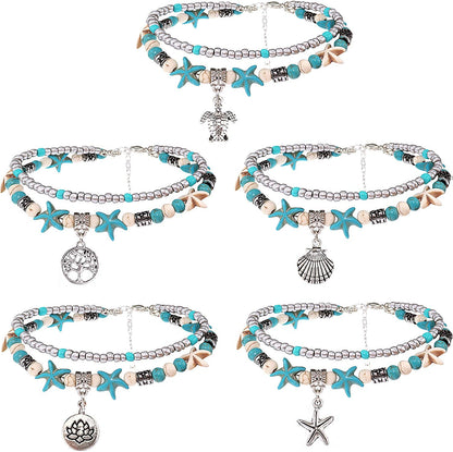 Suyi 5Pcs Layered Beach Anklets for Women Girls Adjustable Sea Turtle Anklets Bracelets Boho Anklet Foot Jewelry Apparel & Accessories > Jewelry > Anklets Suyi   