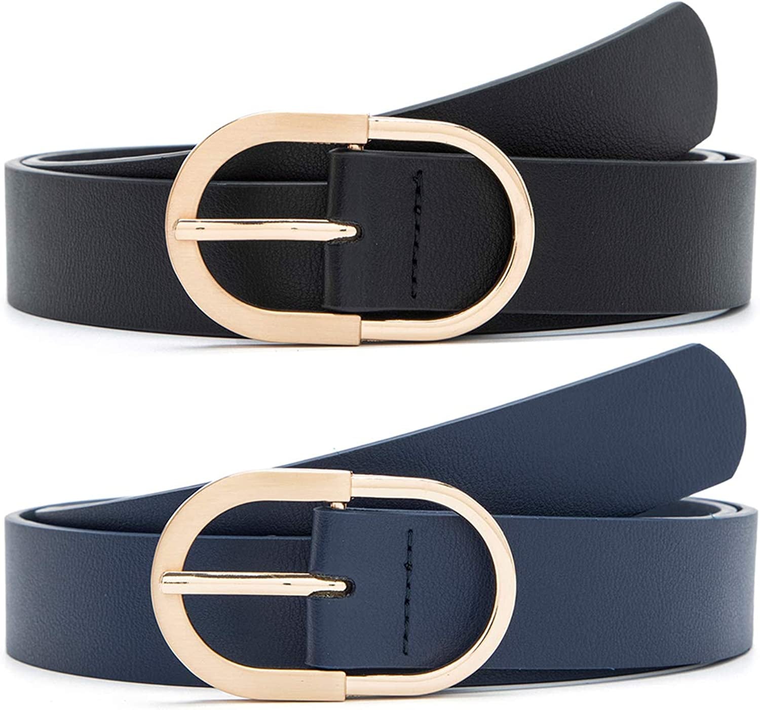 MORELESS 2 Pack Women'S Leather Belts for Jeans Pants with Fashion Center Bar Buckle Apparel & Accessories > Clothing Accessories > Belts MORELESS Golden Buckle(black+navy) X-Small: fits waist from 23"-25" 