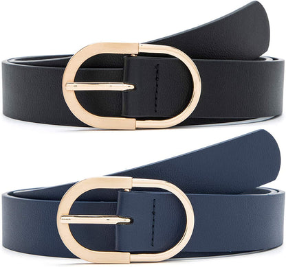 MORELESS 2 Pack Women'S Leather Belts for Jeans Pants with Fashion Center Bar Buckle Apparel & Accessories > Clothing Accessories > Belts MORELESS Golden Buckle(black+navy) X-Small: fits waist from 23"-25" 