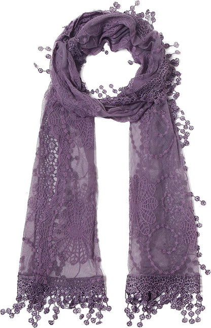 Women'S Lightweight Feminine Lace Teardrop Fringe Lace Scarf Vintage Scarf Mesh Crochet Tassel Cotton Scarf for Women Apparel & Accessories > Clothing Accessories > Scarves & Shawls Tan's Purple  