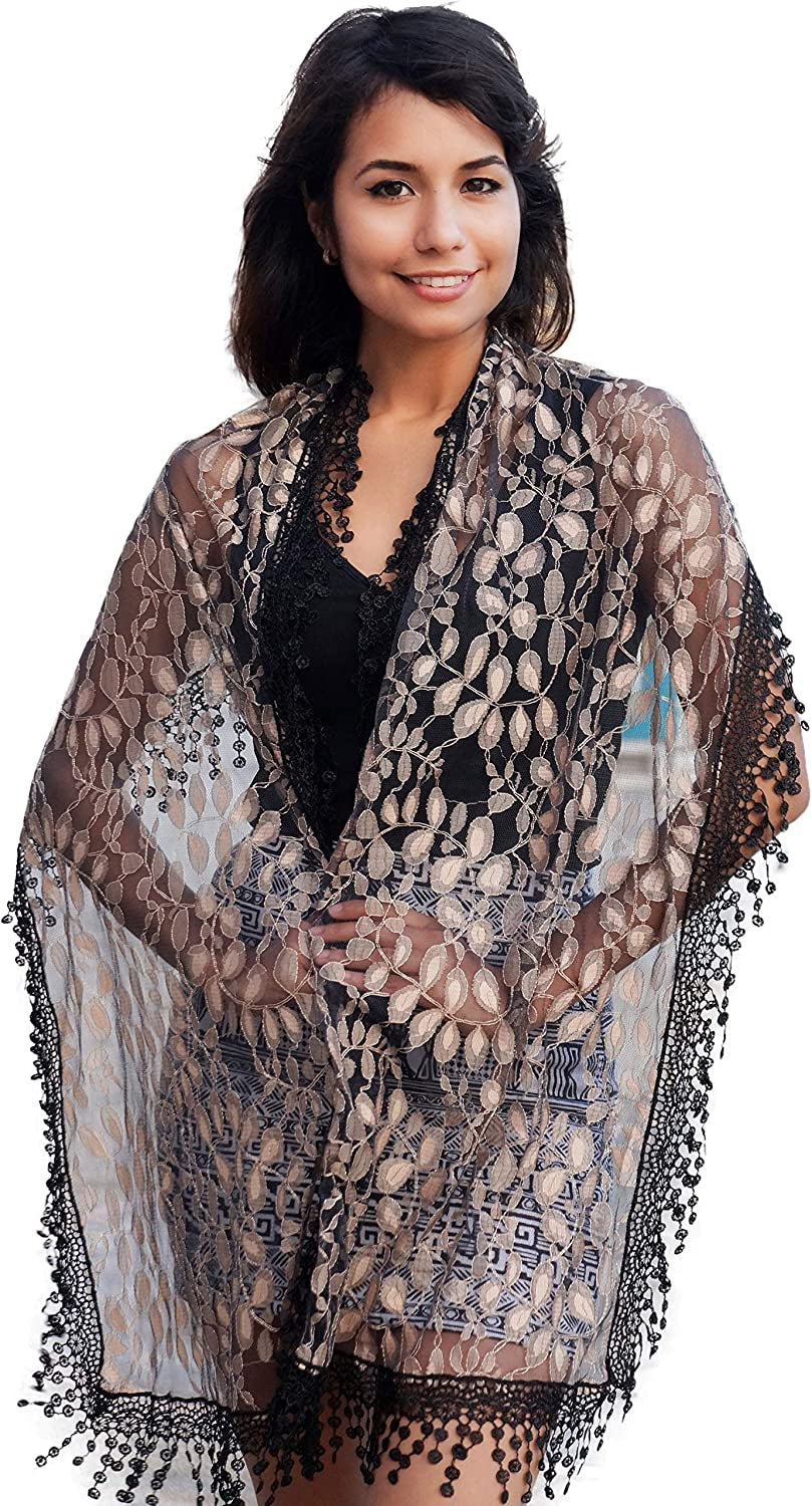 Cindy and Wendy Lightweight Soft Leaf Lace Fringes Scarf Shawl for Women Apparel & Accessories > Clothing Accessories > Scarves & Shawls Cindy and Wendy Black & Coffee  