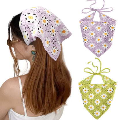 Crochet Bandana Head Kerchief Hair Scarf 2Pcs Knitted Hair Scarves Crochet Hair Kerchief Tie Bcak Headwrap Floral Hair Bandanas for Women Girls Scarf (Daisy(Purple+Green)) Apparel & Accessories > Clothing Accessories > Bandanas & Headties AWAYTR Daisy(purple+green)  
