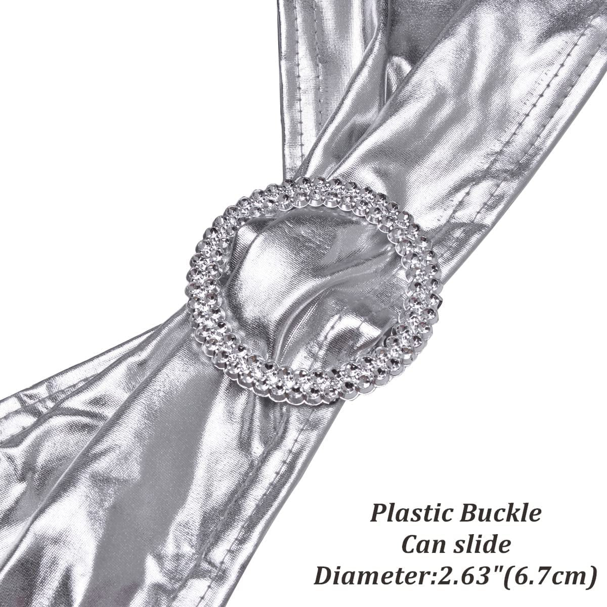 Sweeteasy 50Pcs Metallic Silver Spandex Chair Sashes, Durable Workmanship,Stretch Bows with Buckle Stretchable for Christmas Wedding Party Banquet Event Baby Shower Birthday Celebration Decoration Apparel & Accessories > Clothing Accessories > Sashes SweetEasy   