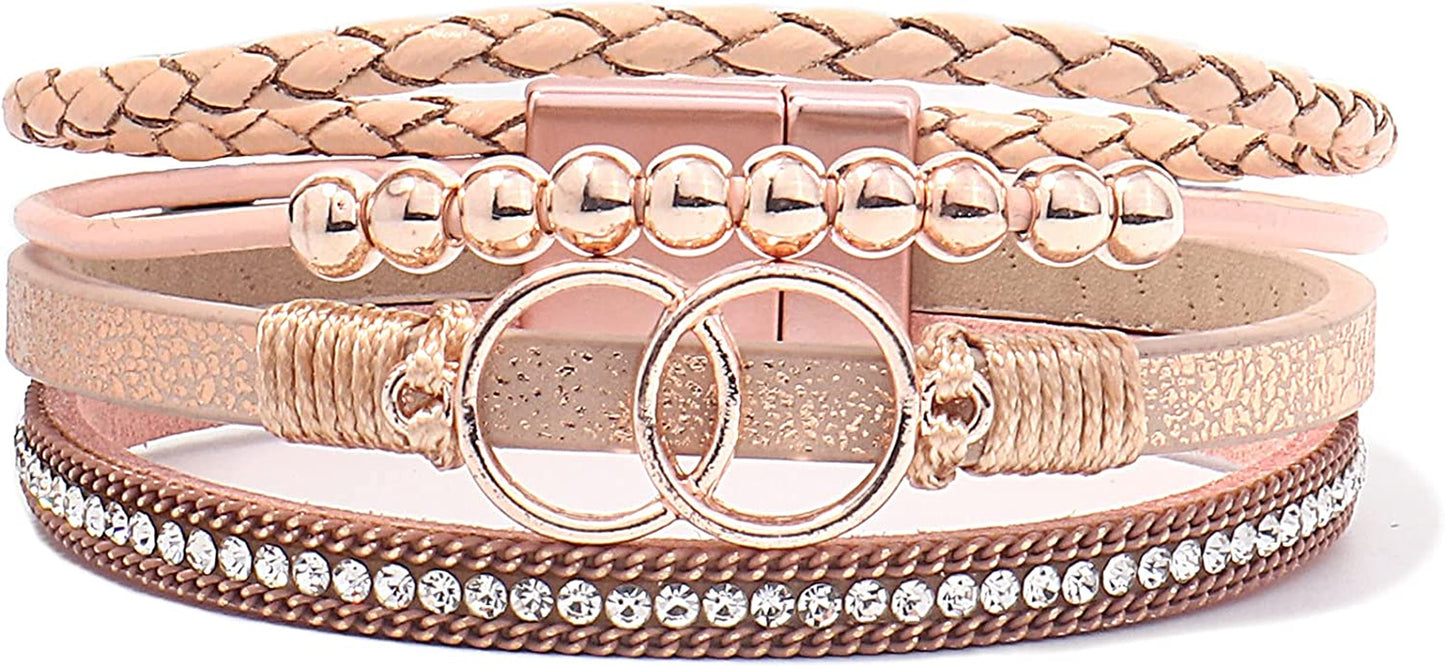 FANCY SHINY Boho Wrap Bracelets Leather Cuff Bangle Gold Beaded Bracelets for Women Stackable Infinity Bracelets Jewelry with Clasp Apparel & Accessories > Jewelry > Bracelets FANCY SHINY Rose Gold  