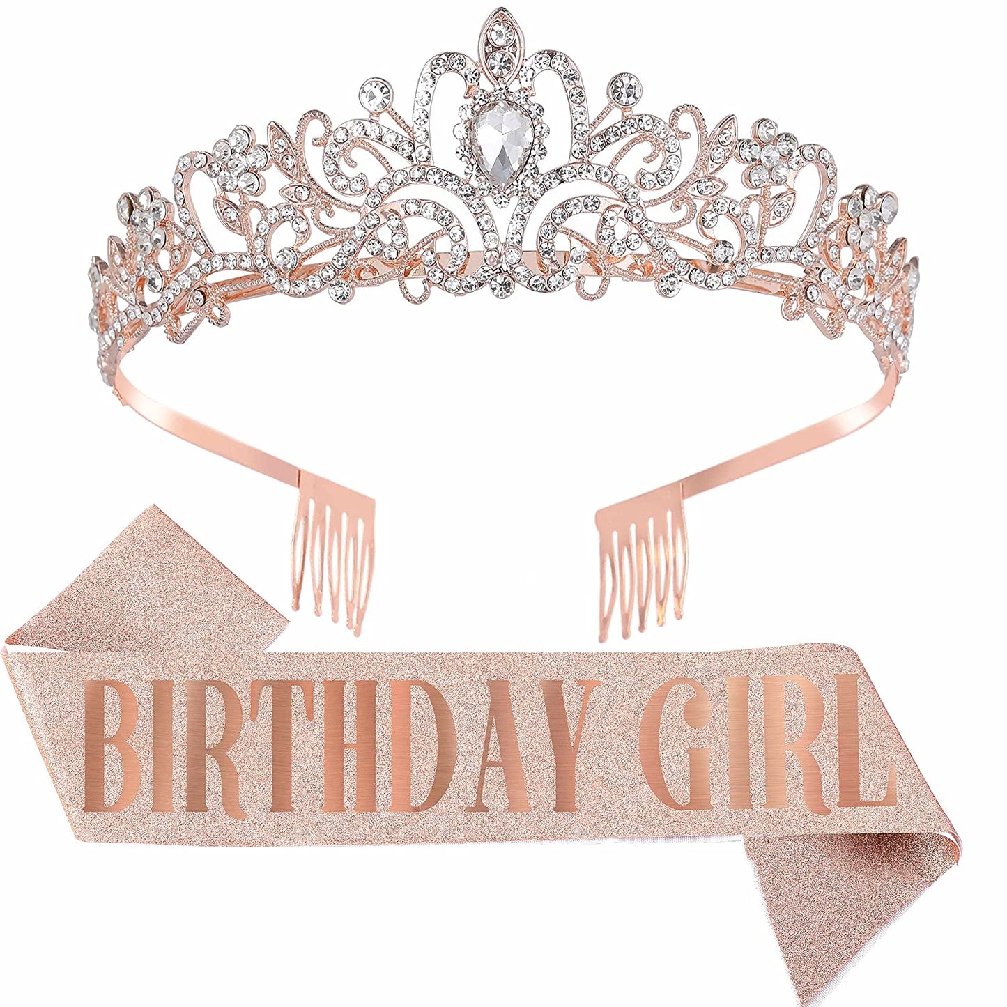 Birthday Girl Sash and Tiara for Women - LETSCARE Birthday Sash & Rhinestone Crown with Comb, Gift Kit for Birthday Decorations & Party Favors(Sliver) Apparel & Accessories > Clothing Accessories > Sashes LetsCare 01rose Gold  