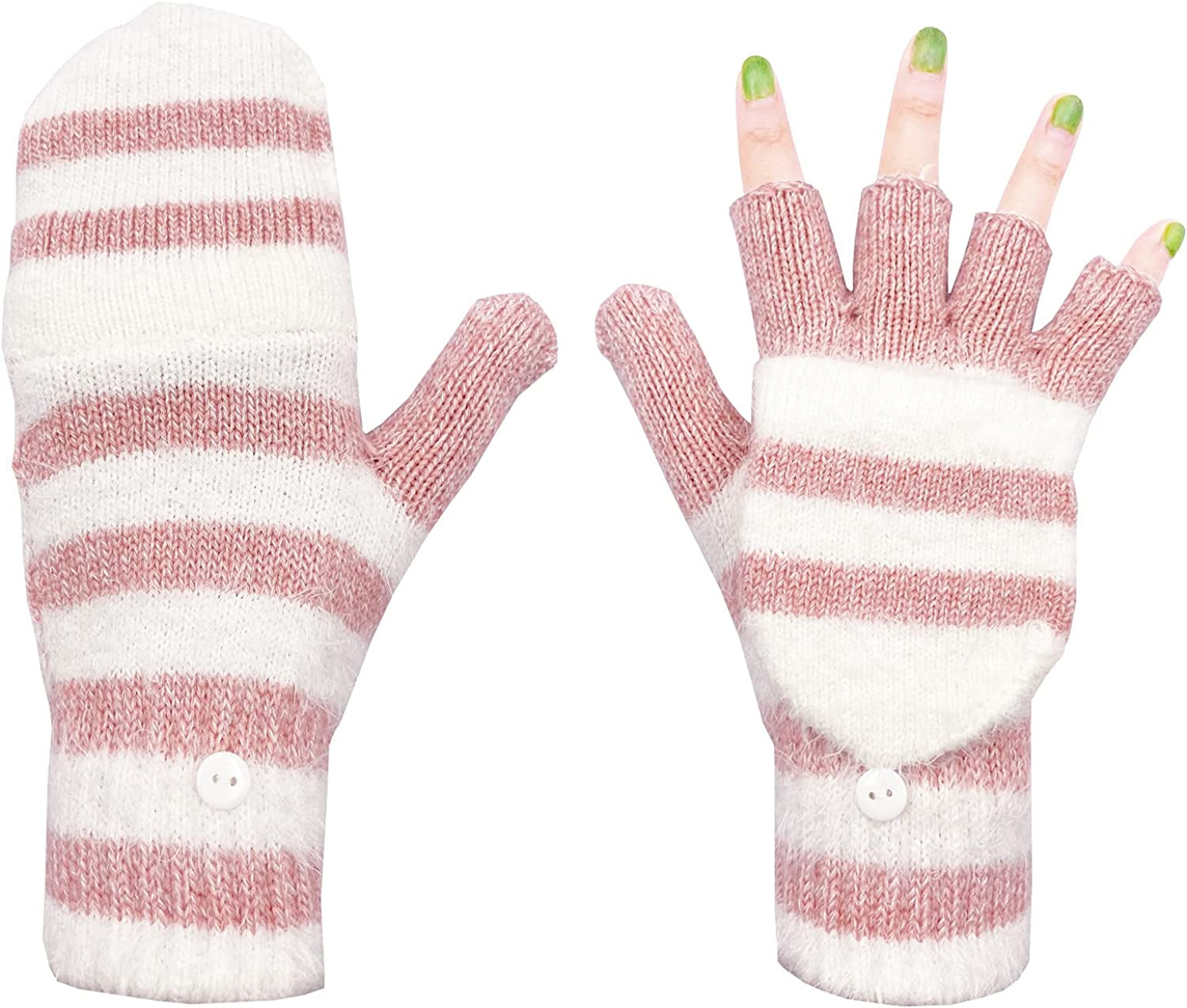 Beurlike Women'S Winter Gloves Warm Wool Knitted Convertible Fingerless Mittens Apparel & Accessories > Clothing Accessories > Gloves & Mittens Beurlike Pink White  