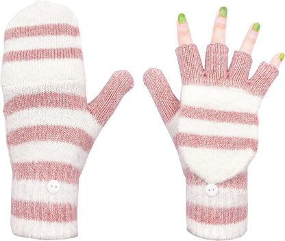 Beurlike Women'S Winter Gloves Warm Wool Knitted Convertible Fingerless Mittens Apparel & Accessories > Clothing Accessories > Gloves & Mittens Beurlike Pink White  