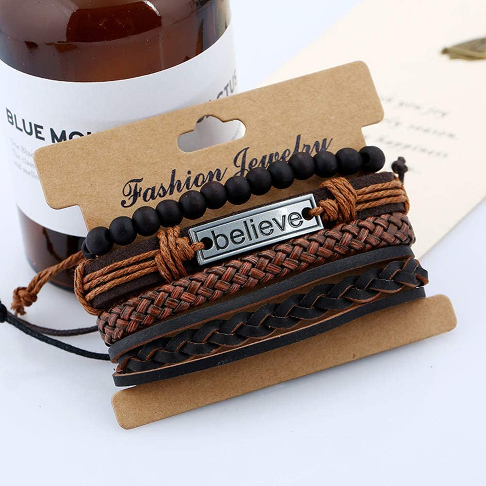 FLDC 4Pcs Braided Leather Wrap Bracelet for Men Women Cuff Bracelet Set Wood Bead Hemp Cord Woven Bracelet Wooden Beaded Multi Layer Wrist Bracelets Wristbands Adjustable Apparel & Accessories > Jewelry > Bracelets FLDC   