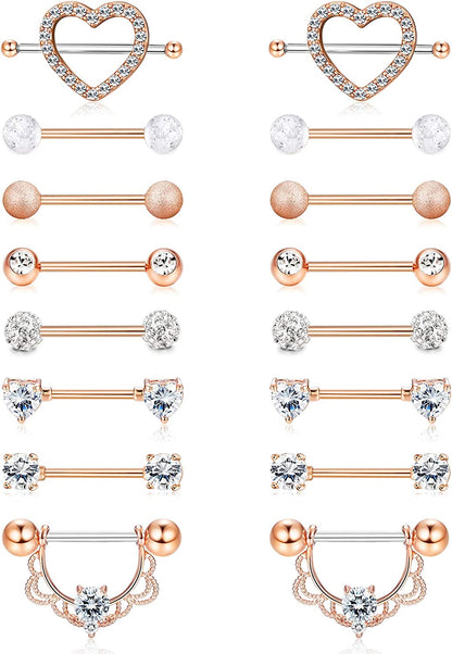 FINREZIO 6-8 Pairs 14G Nipple Rings 316L Surgical Steel Heart CZ Tongue Barbell Body Piercing Shield Ring Set 5/8 Inches Apparel & Accessories > Jewelry > Body Jewelry FINREZIO Rose Gold tone  