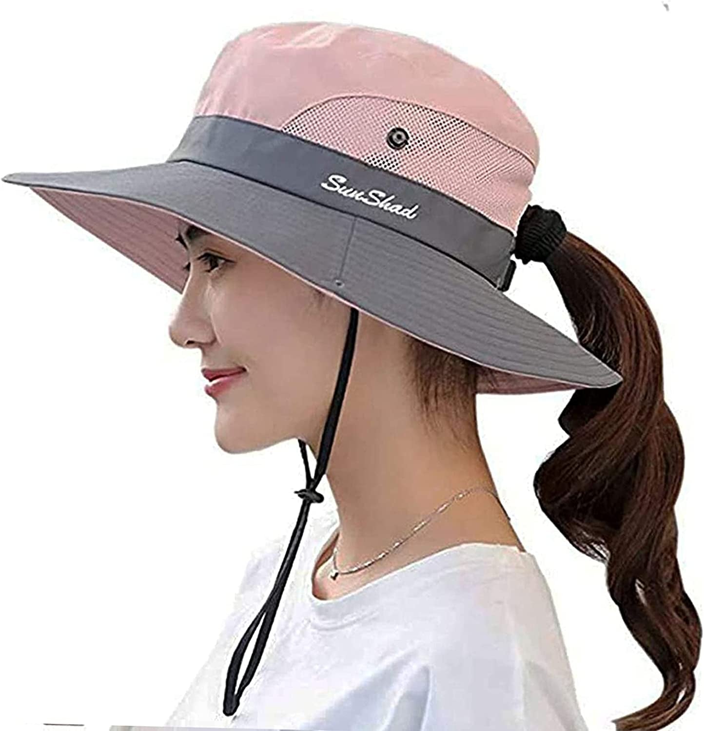 Sun Hat Womens Uv Protection Wide Brim Foldable Mesh Bucket Fishing Hat Ponytail Hole for Summer Hiking Swimming Beach Apparel & Accessories > Clothing Accessories > Hats UTOWO Pink Medium 