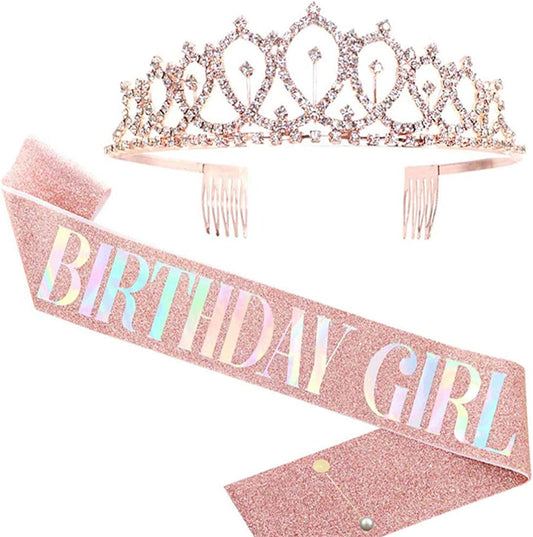 Birthday Girl Tiara and Sash - Birthday Girl Satin Sash Crystal Tiara Birthday Crown Birthday Party Supplies and Decoration Apparel & Accessories > Clothing Accessories > Sashes LATFZ Birthday Girl,rose Pink 3  