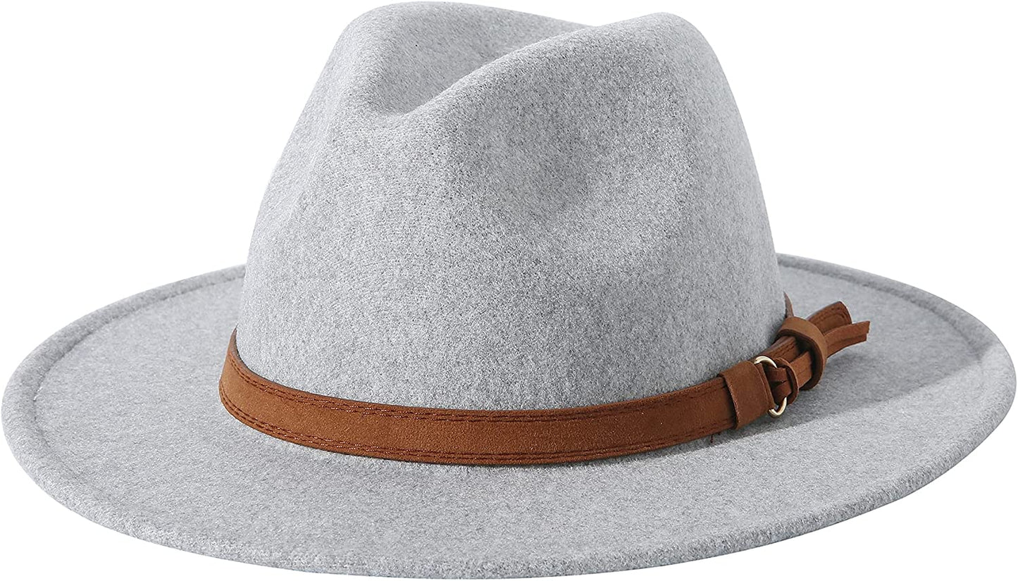 Lanzom Women Lady Felt Fedora Hat Wide Brim Wool Panama Hats with Band Apparel & Accessories > Clothing Accessories > Hats Lanzom 01-light Grey  