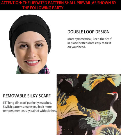 Bamboo Cotton Liner Chemo Headwear for Womenwith Silky Scarfs for Cancer Hair Loss Sleep Caps Beanie Black Apparel & Accessories > Clothing Accessories > Headwear JarseHera   