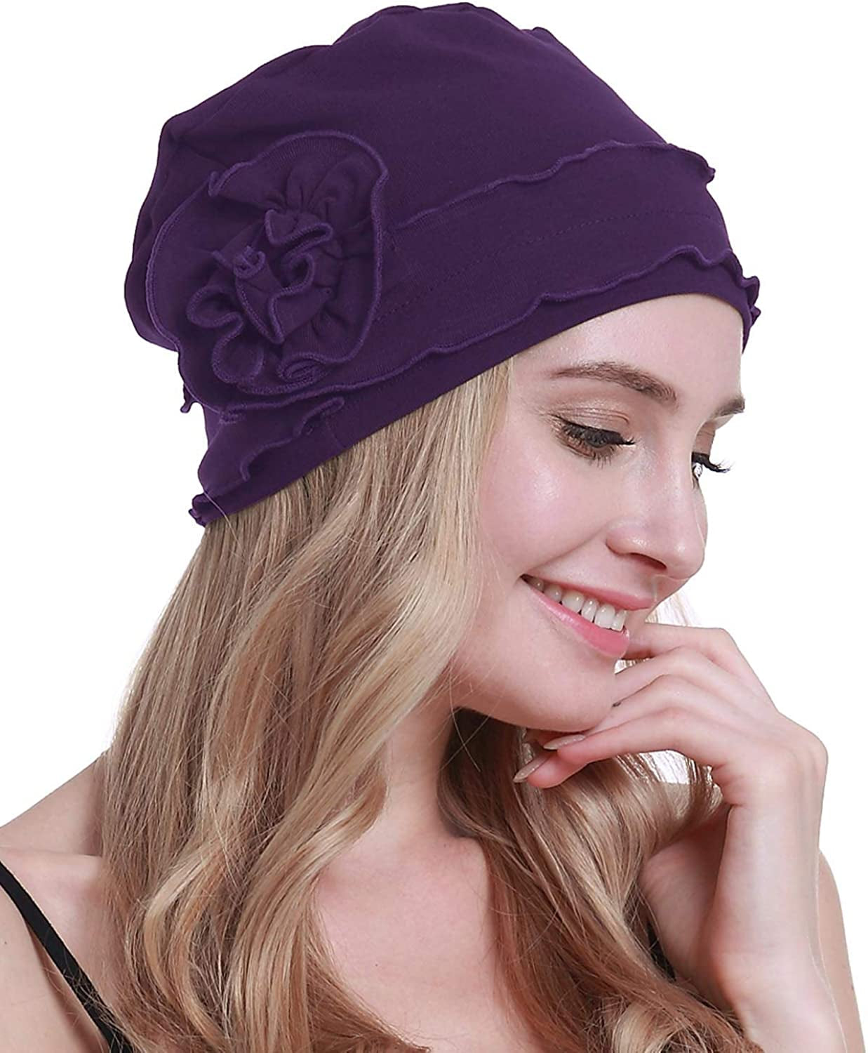 Osvyo Chemo Headwear Turban Cap for Women - Cancer Beanie Hair Loss Sealed Packaging Apparel & Accessories > Clothing Accessories > Headwear osvyo Cotton Purple One Size 