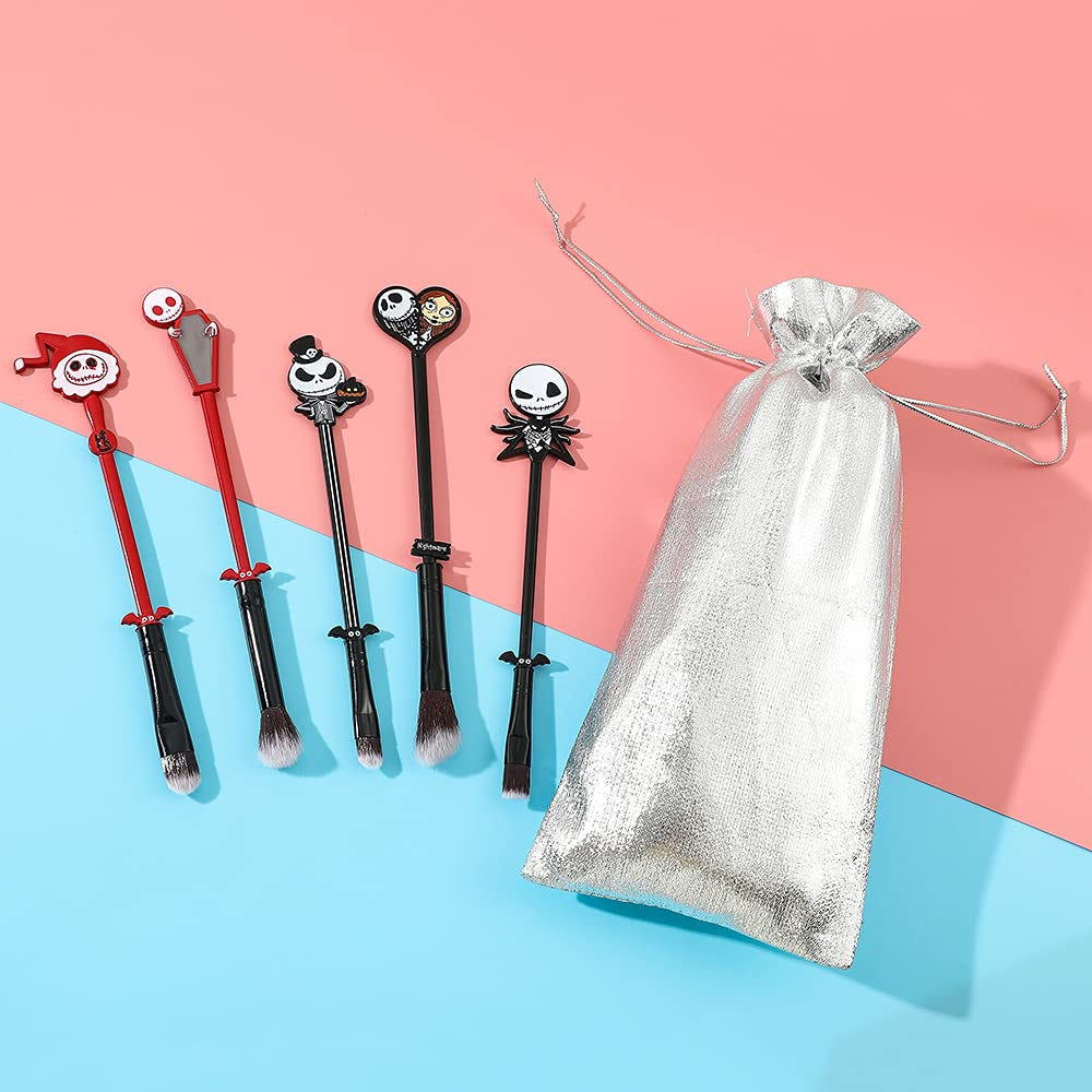Nightmare before Christmas Makeup Brushes - 5Pcs Corpse Bride Anime Make up Brush Set Silver Drawstring Bag Included Health & Beauty > Personal Care > Cosmetics > Cosmetic Tools > Makeup Tools rongji jewelry   