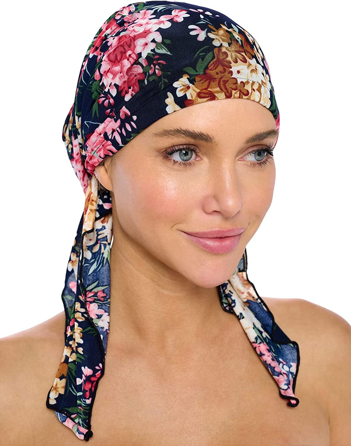 Ashford & Brooks Pre Tied Bandana Turban Chemo Head Scarf Sleep Hair Cover Hat Apparel & Accessories > Clothing Accessories > Bandanas & Headties Ashford & Brooks Ditsy Navy/Pink One Size 