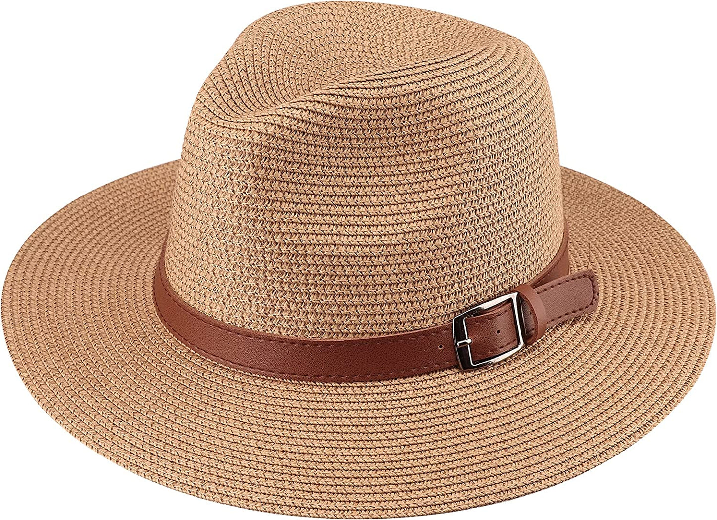 DRESHOW Women Straw Panama Hat Fedora Beach Sun Hat Wide Brim Straw Roll up Hat UPF 50+ Apparel & Accessories > Clothing Accessories > Hats DRESHOW Straw Hat Belt Buckle: Khaki  