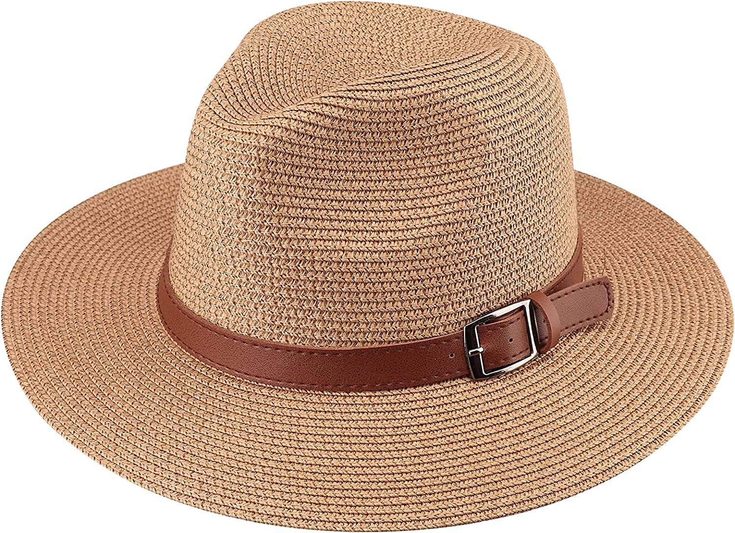 DRESHOW Women Straw Panama Hat Fedora Beach Sun Hat Wide Brim Straw Roll up Hat UPF 50+ Apparel & Accessories > Clothing Accessories > Hats DRESHOW Straw Hat Belt Buckle: Khaki  