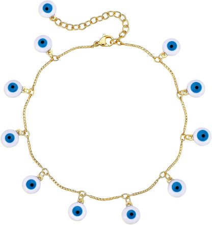 Mevecco Pearl Anklet Handmade 18K Gold Plated Dainty Boho Beach Cute Ankle Bracelet Adjustable Wafer Layered Turquoises Dangle Coins Foot Chain for Women Apparel & Accessories > Jewelry > Anklets Mevecco Evil Eye Tassels  