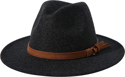 Lanzom Women Lady Felt Fedora Hat Wide Brim Wool Panama Hats with Band Apparel & Accessories > Clothing Accessories > Hats Lanzom 01-black  