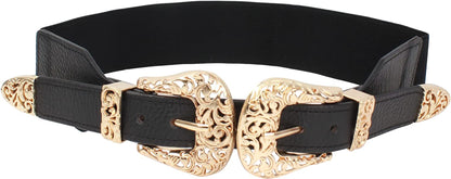 CLARA Women Vintage Western Waist Belt Double Buckle Belt PU Leather Waistband for Jeans Dress Apparel & Accessories > Clothing Accessories > Belts CLARA Zz-gold  