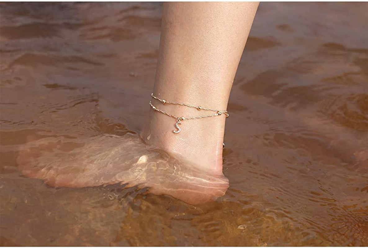 MONOOC Initial Ankle Bracelets for Women，14K Real Gold Plated Layered Beaded Chain Anklet Gold Anklets for Women CZ Initial Anklet Beach Summer Anklet Foot Jewelry Teen Girl Gifts Apparel & Accessories > Jewelry > Anklets MONOOC   
