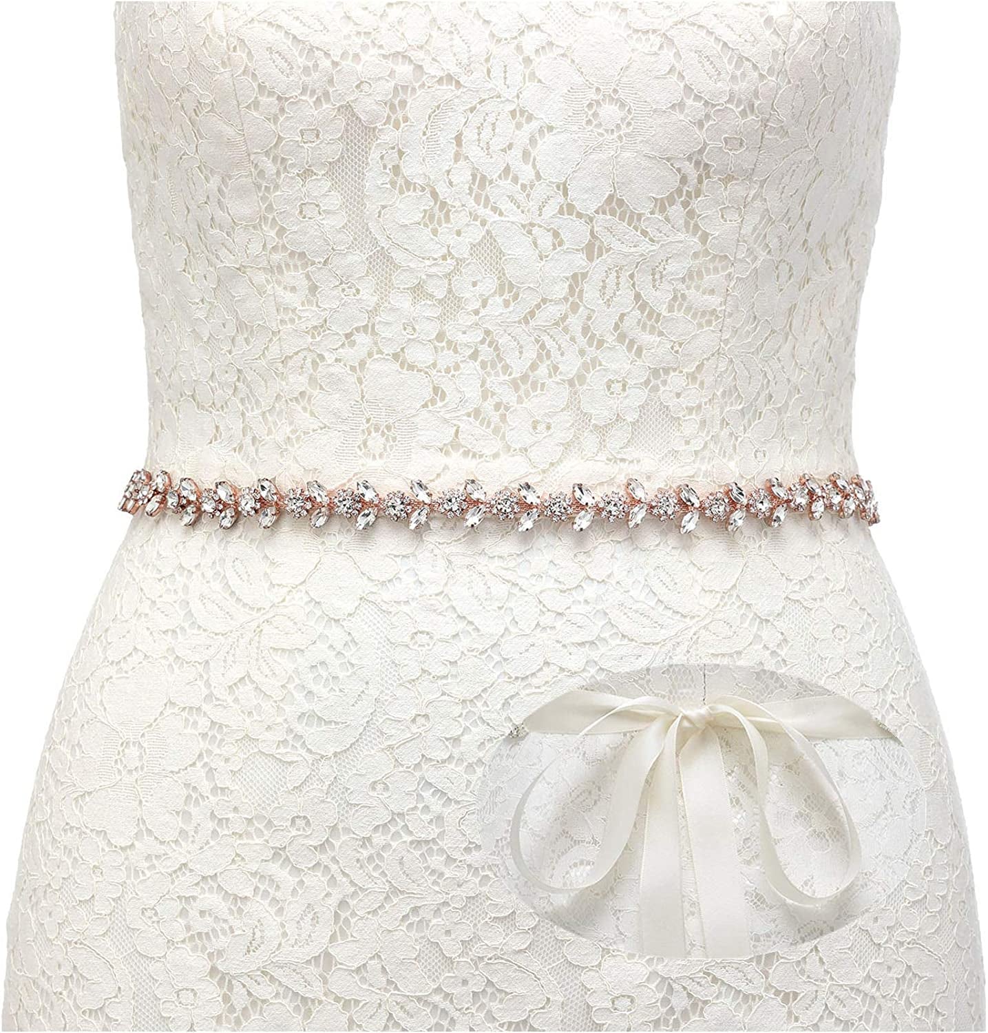SWEETV Rhinestone Bridal Belt Bridesmaid Sash Crystal Headband Wedding Belt Women Dress Accessories Apparel & Accessories > Clothing Accessories > Belts SWEETV Rose Gold + Champagne Ribbon  