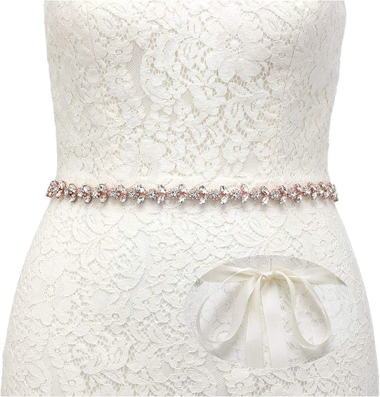 SWEETV Rhinestone Bridal Belt Bridesmaid Sash Crystal Headband Wedding Belt Women Dress Accessories Apparel & Accessories > Clothing Accessories > Belts SWEETV Rose Gold + Champagne Ribbon  