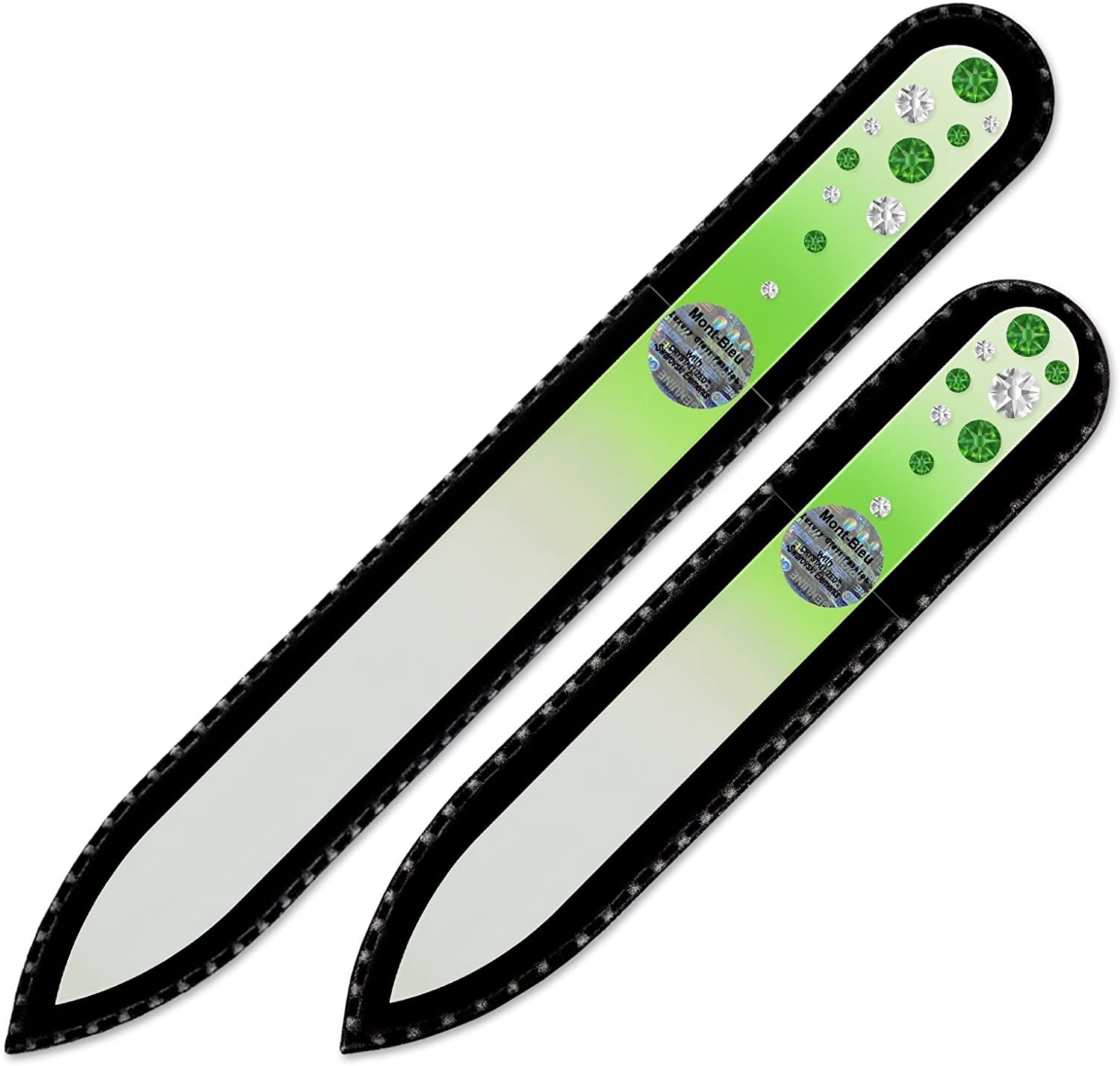 Nail Files - Mont Bleu Set of 2 Glass Nail Files Hand Decorated with Crystals - Czech Tempered Glass - Travel Nail File for Shiny Nails - Crystal Nail Files Health & Beauty > Personal Care > Cosmetics > Cosmetic Tools > Nail Tools Mont Bleu Fern Green - Crystal  
