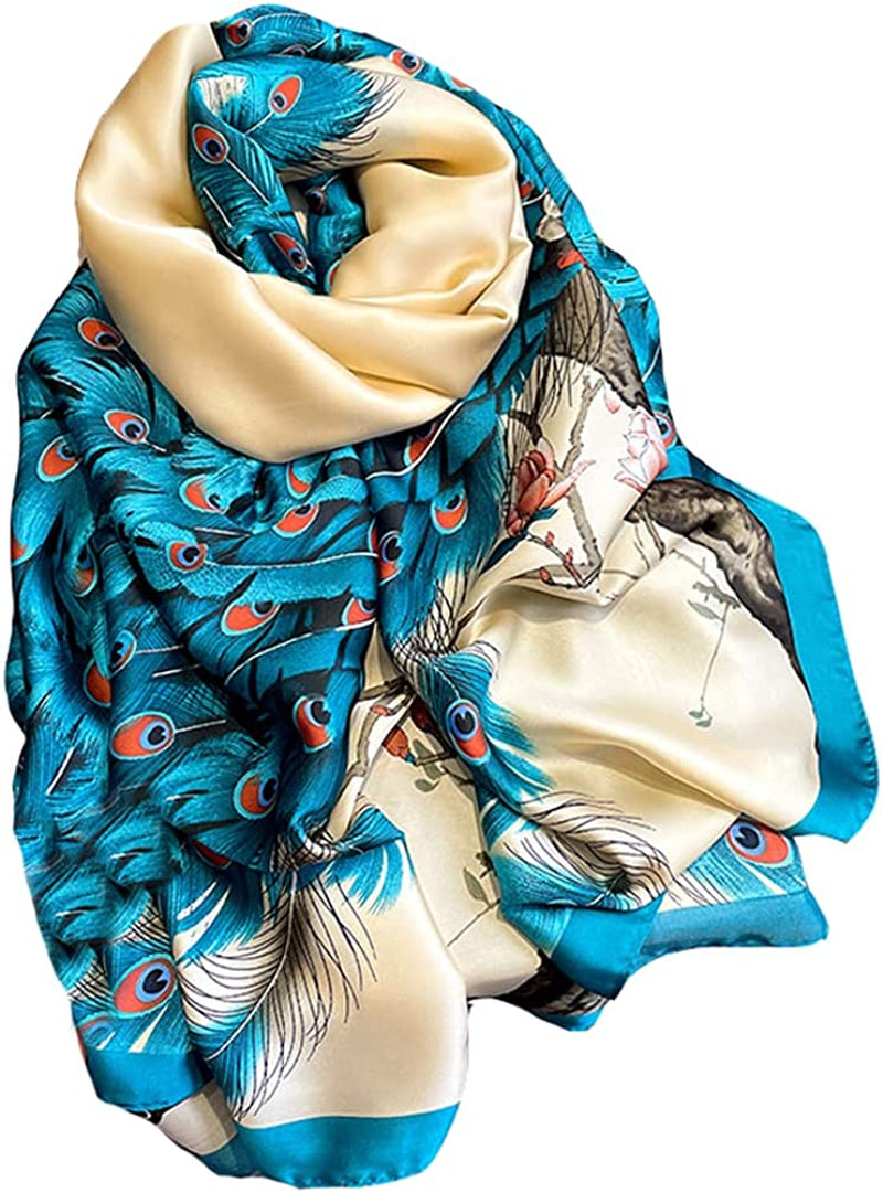 Fashion Scarves 100% Silk Felling Scarf Long Lightweight Sunscreen Shawls Wrap for Women Hair Scarves Apparel & Accessories > Clothing Accessories > Scarves & Shawls Aufeel Blue Peacock  