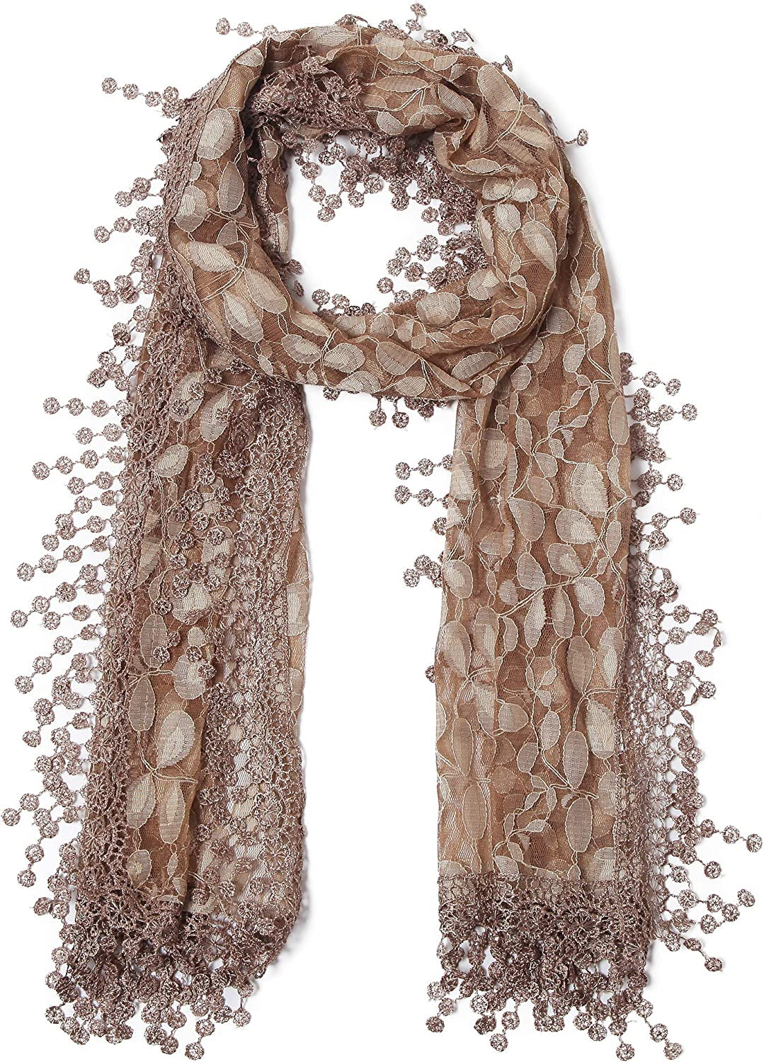 Cindy and Wendy Lightweight Soft Leaf Lace Fringes Scarf Shawl for Women Apparel & Accessories > Clothing Accessories > Scarves & Shawls Cindy and Wendy Brown  