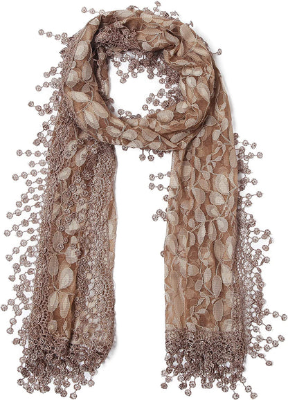 Cindy and Wendy Lightweight Soft Leaf Lace Fringes Scarf Shawl for Women Apparel & Accessories > Clothing Accessories > Scarves & Shawls Cindy and Wendy Brown  