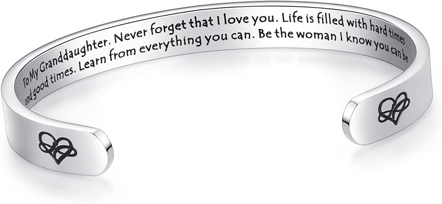 Aryahozel Motivational Cuff Bracelet for Women Girls, Personalized Jewelry Gifts for Her Daughter Mom Sister Niece Best Friends, Engraved Different Sayings Apparel & Accessories > Jewelry > Bracelets AryaHozel Granddaughter Gift-To my granddaughter, Never forget that...  
