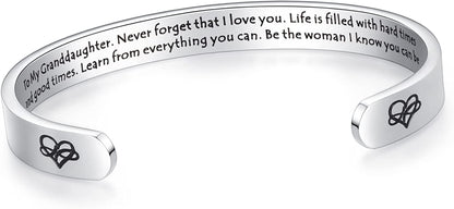 Aryahozel Motivational Cuff Bracelet for Women Girls, Personalized Jewelry Gifts for Her Daughter Mom Sister Niece Best Friends, Engraved Different Sayings Apparel & Accessories > Jewelry > Bracelets AryaHozel Granddaughter Gift-To my granddaughter, Never forget that...  