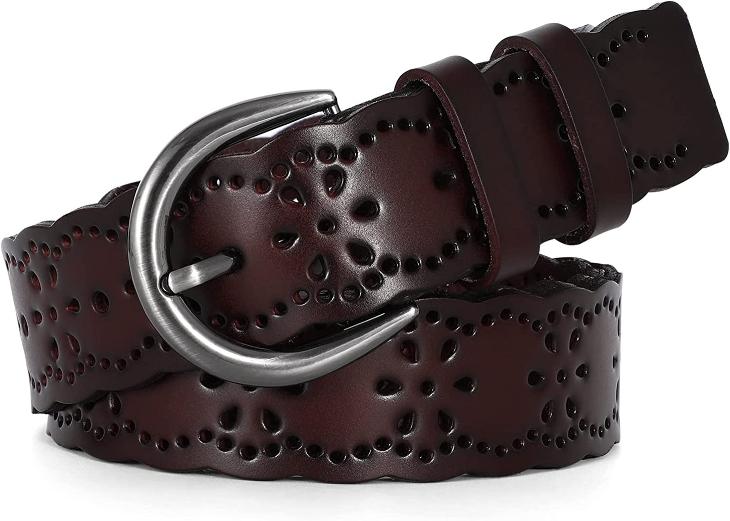 JASGOOD Women’S Hollow Flower Leather Belt for Jeans Pants Wide Belt for Ladies Apparel & Accessories > Clothing Accessories > Belts KYLIE MAX J-coffee Suitable for waist size 25-34" 