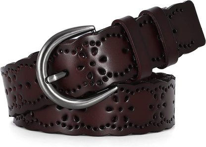 JASGOOD Women’S Hollow Flower Leather Belt for Jeans Pants Wide Belt for Ladies Apparel & Accessories > Clothing Accessories > Belts KYLIE MAX J-coffee Suitable for waist size 25-34" 