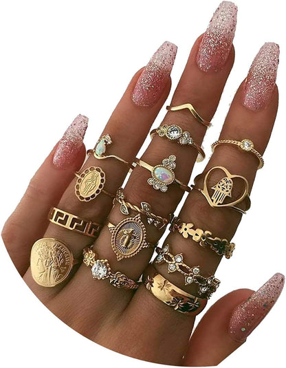 58PCS Boho Knuckle Rings Crystal Stackable Rings Set for Women Teen Girls Vintage Gold Silver Midi Joint Nail Finger Rings Set