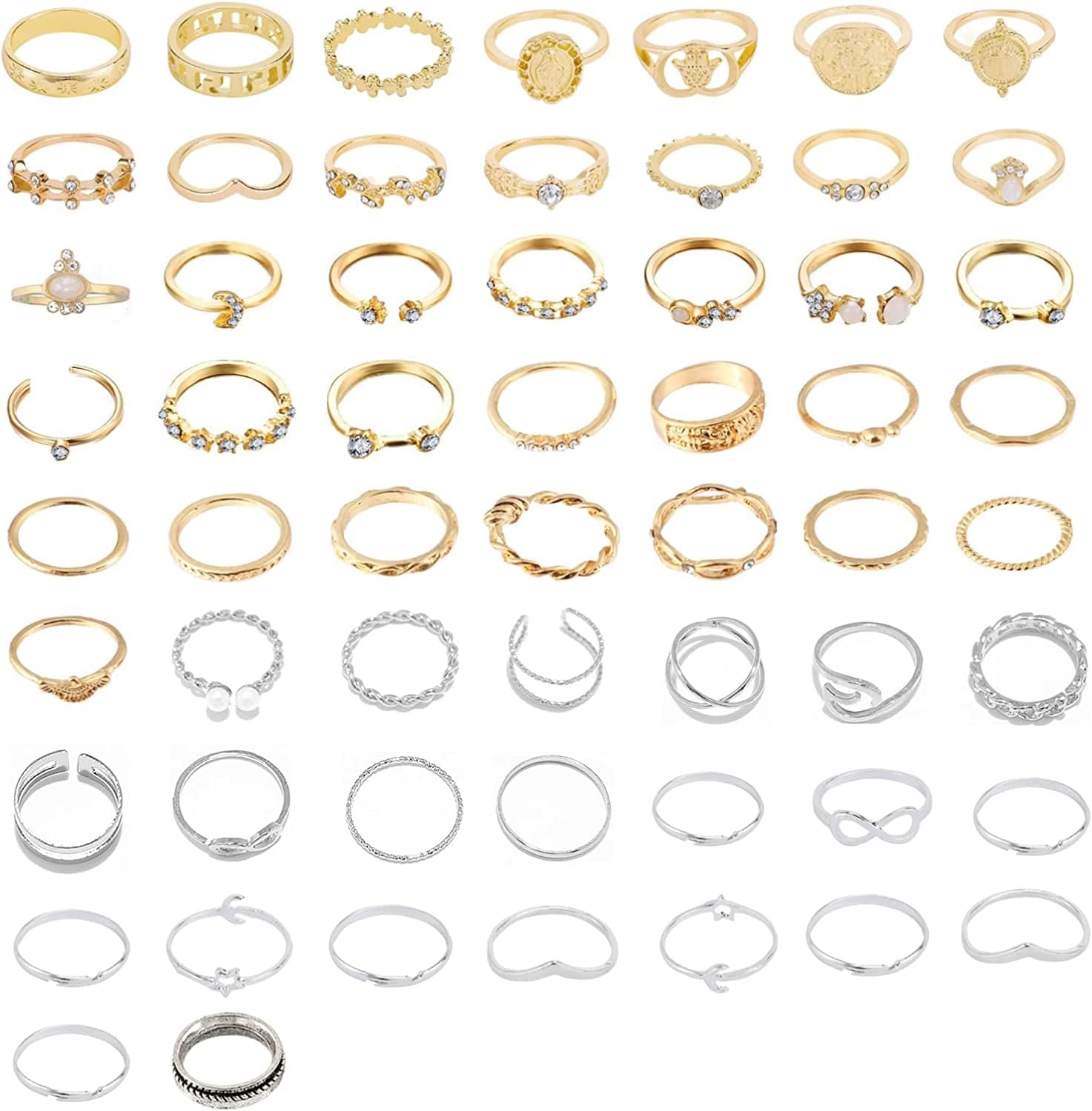 58PCS Boho Knuckle Rings Crystal Stackable Rings Set for Women Teen Girls Vintage Gold Silver Midi Joint Nail Finger Rings Set