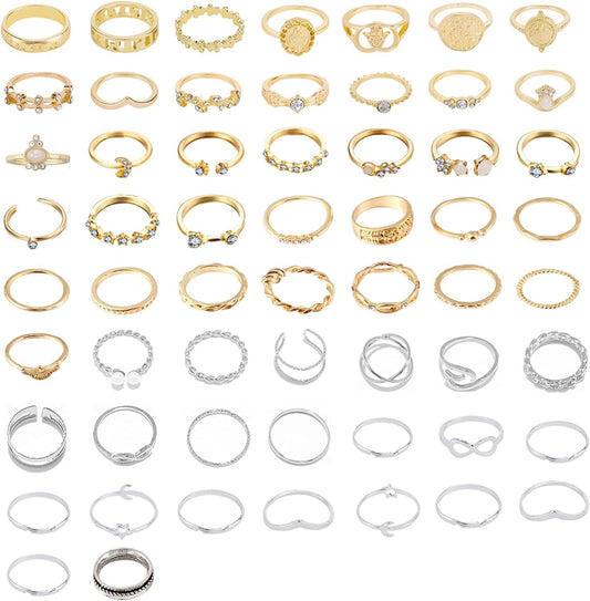 58PCS Boho Knuckle Rings Crystal Stackable Rings Set for Women Teen Girls Vintage Gold Silver Midi Joint Nail Finger Rings Set