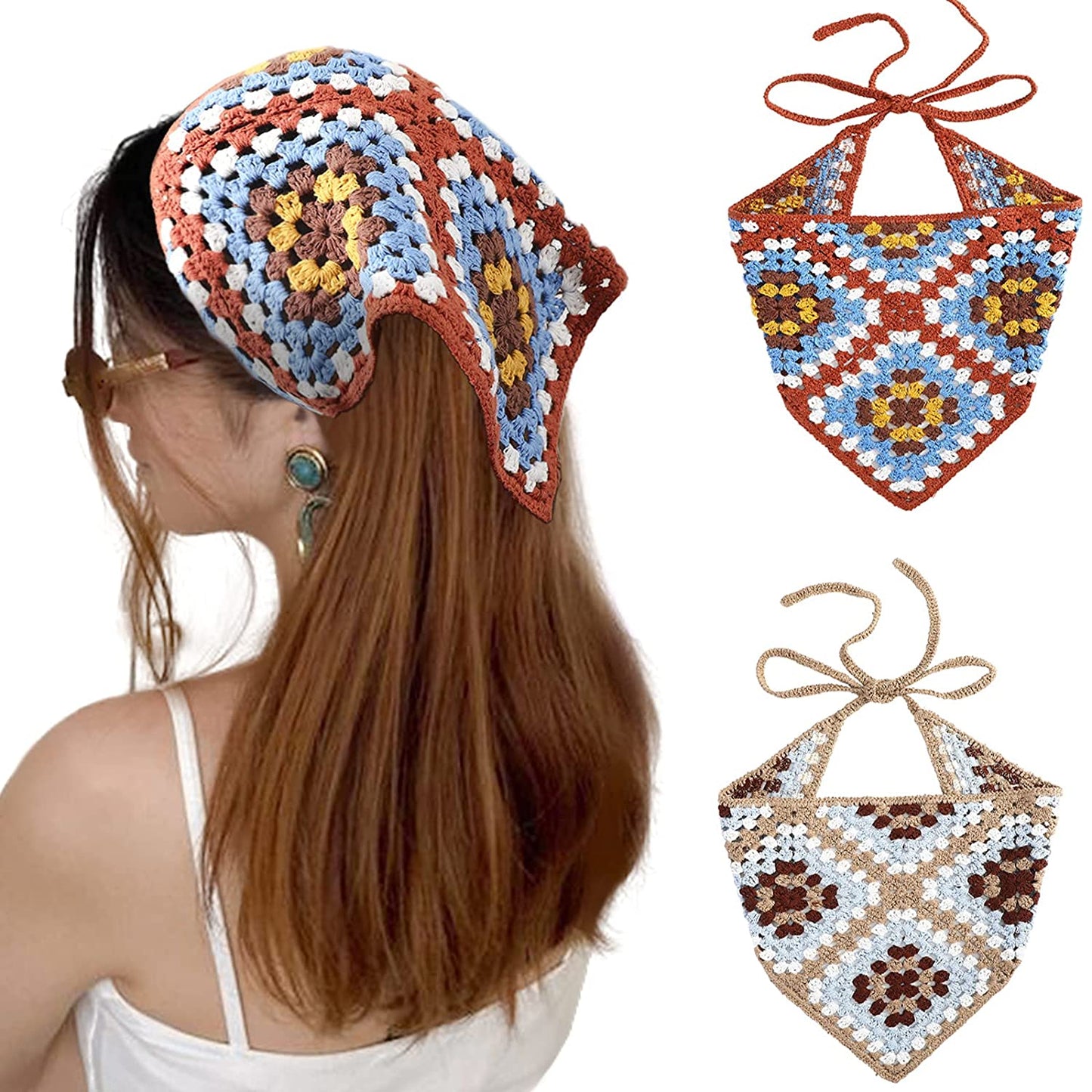 Crochet Bandana Head Kerchief Hair Scarf 2Pcs Knitted Hair Scarves Crochet Hair Kerchief Tie Bcak Headwrap Floral Hair Bandanas for Women Girls Scarf (Daisy(Purple+Green)) Apparel & Accessories > Clothing Accessories > Bandanas & Headties AWAYTR Cube(blue+coffee)  