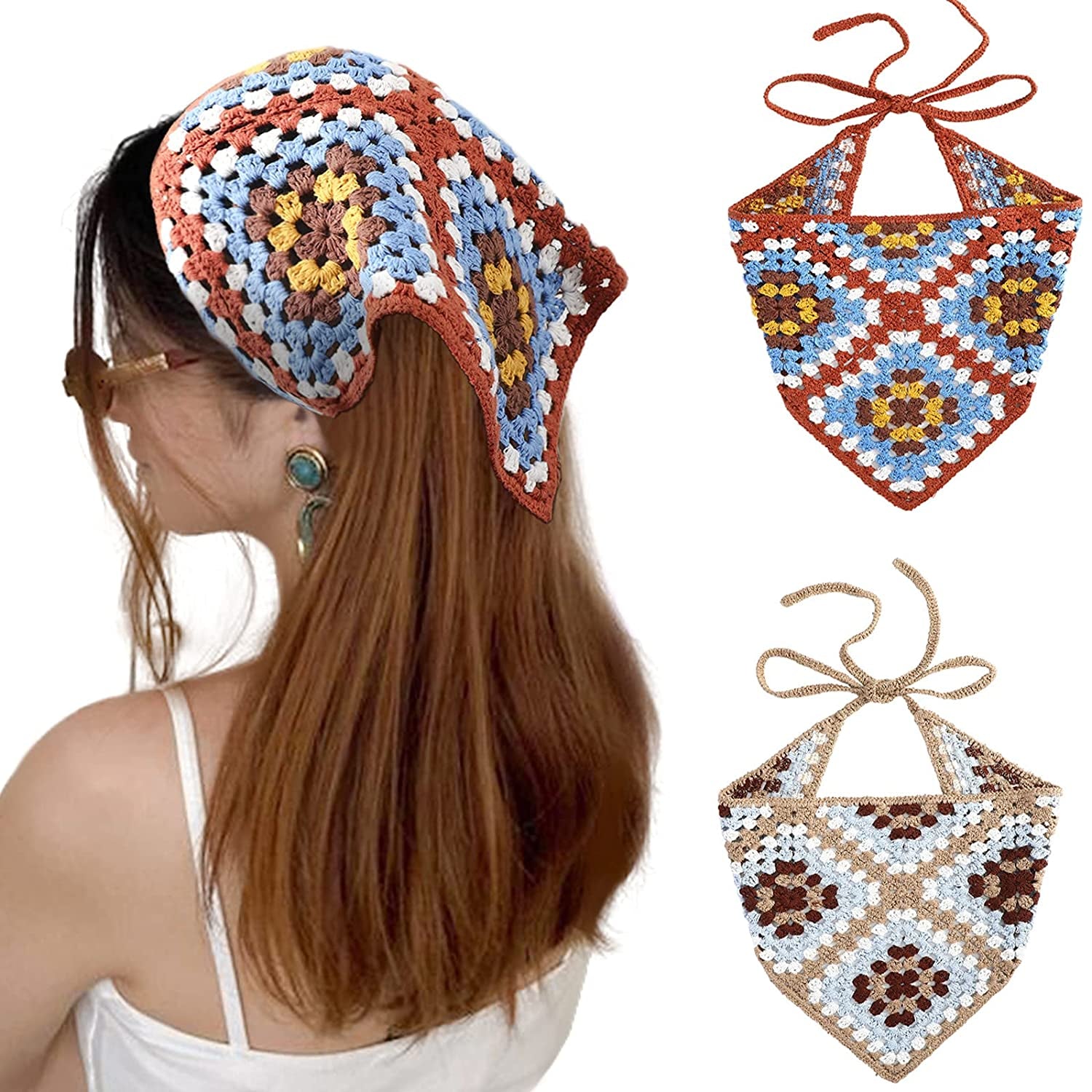 Crochet Bandana Head Kerchief Hair Scarf 2Pcs Knitted Hair Scarves Crochet Hair Kerchief Tie Bcak Headwrap Floral Hair Bandanas for Women Girls Scarf (Daisy(Purple+Green)) Apparel & Accessories > Clothing Accessories > Bandanas & Headties AWAYTR Cube(blue+coffee)  